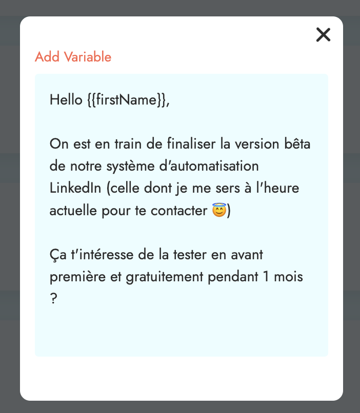 Screenshot du message de prospection LinkedIn dans le dashboard Emelia