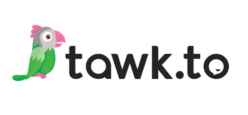 Tawk.to ecris en noir sur fond blanc avec un perroquet a coté