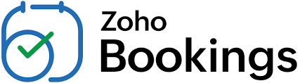 Zoho Booking written in black on a white background with a blue and green clock on the left