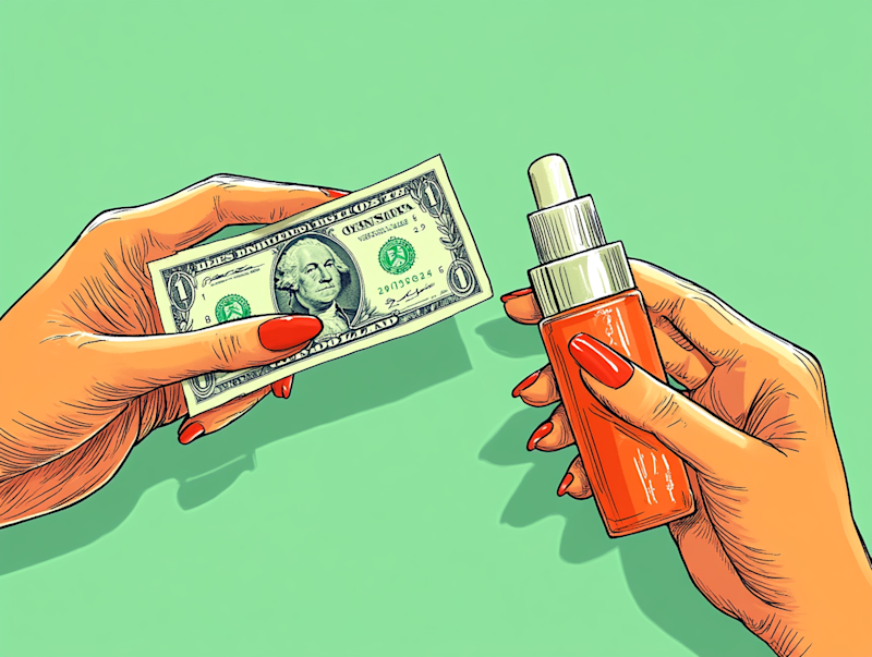 Image d'une tendant un billet et une autre tendant un produit de cosmetique