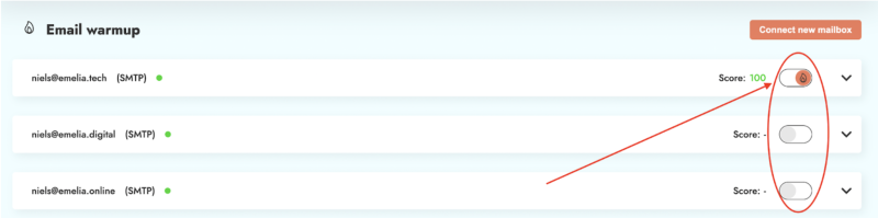 Screenshot of how to activate email warmup