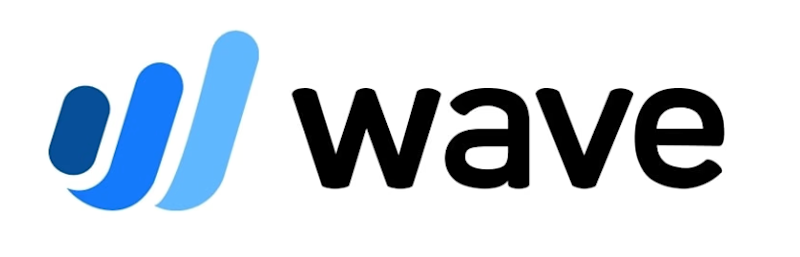 Wave ecris en noir sur fond blanc et cote gauche un logo de 3 bleus differents representant des vagues