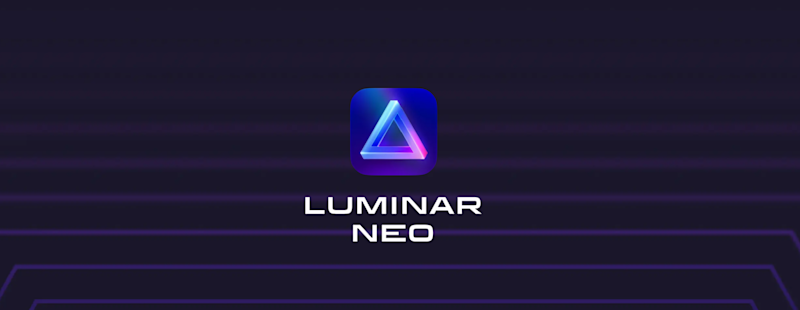 Luminar neo writes in white on a black background with purple neon lights and a multicolored triangle in the middle.