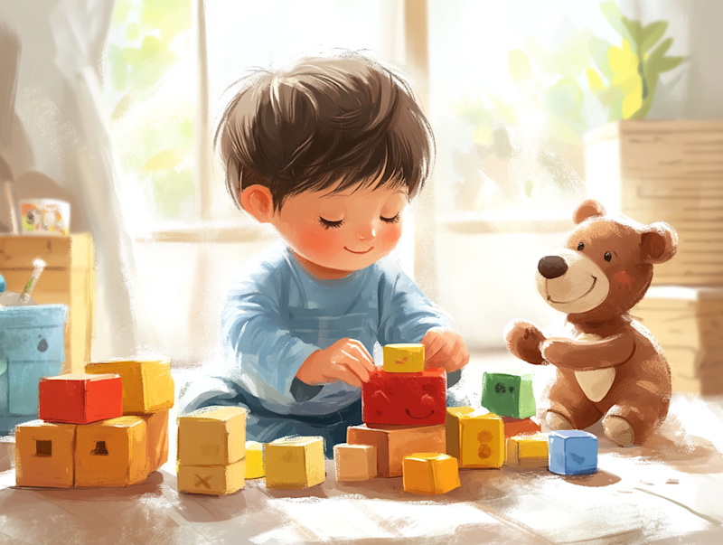 Dessin d'u enfant jouant avec ses jouets