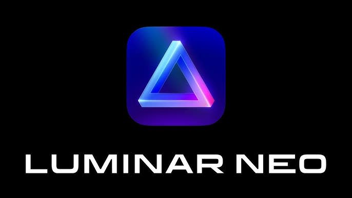 
Luminar neo written in white on a black background with a purple triangle above it