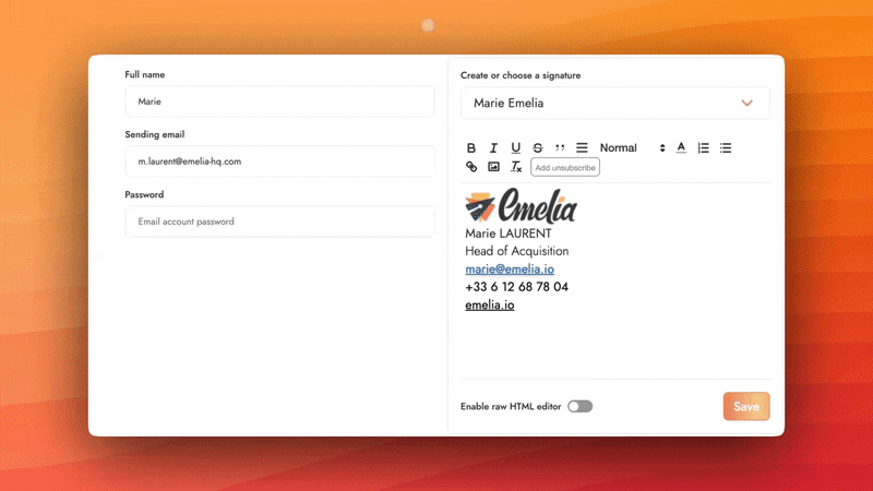 Easily create several different email signatures for your mass mailings with Emelia.io