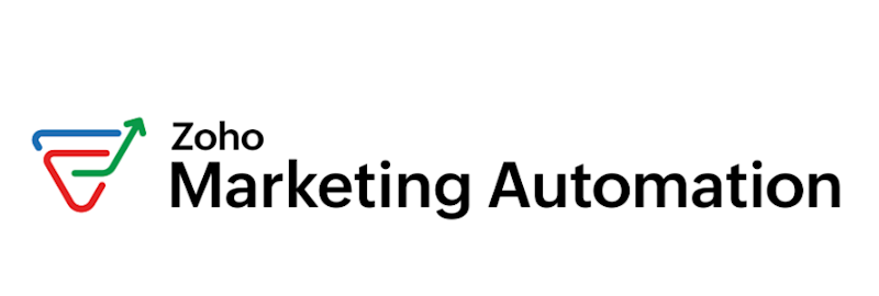 Zoho Marketing Automation written in black on a white background with a red triangle and an upside-down blue triangle on the left side and a green arrow coming out of them.