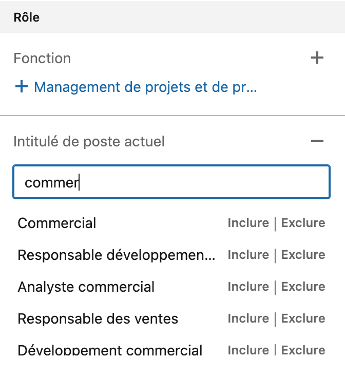 Capture d'écran du filtre "intitulé du poste actuel" pour faire sa recherche booléenne dans LinkedIn Sales Navigator