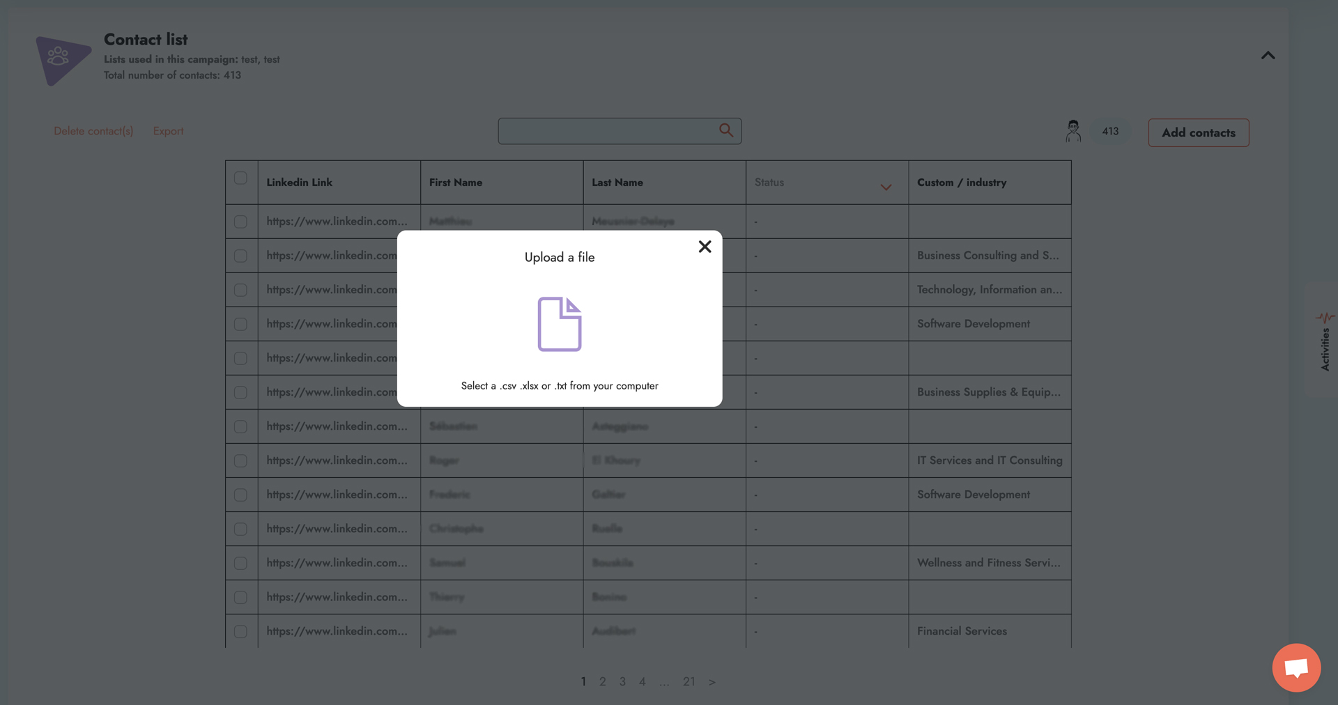 Capture d'écran de l'import de contact dans une campagne LinkedIn Automatisée