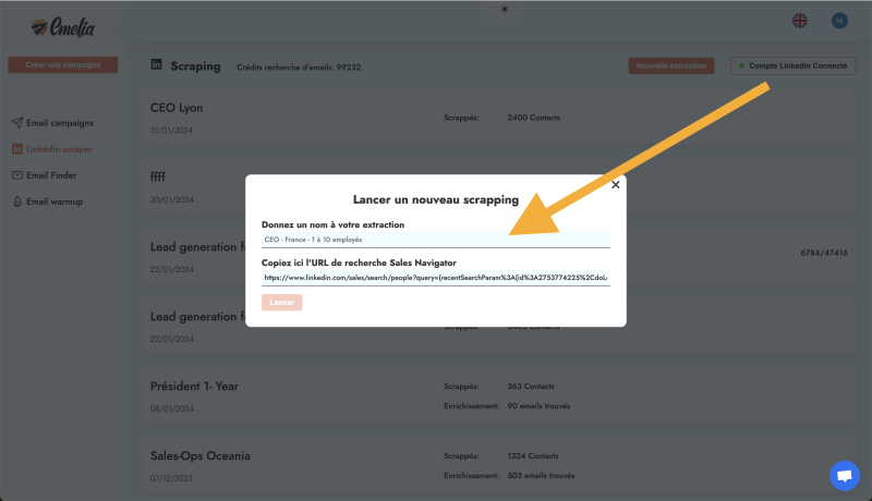 Capture d'écran d'Emelia pour lancer son scrape Linkedin