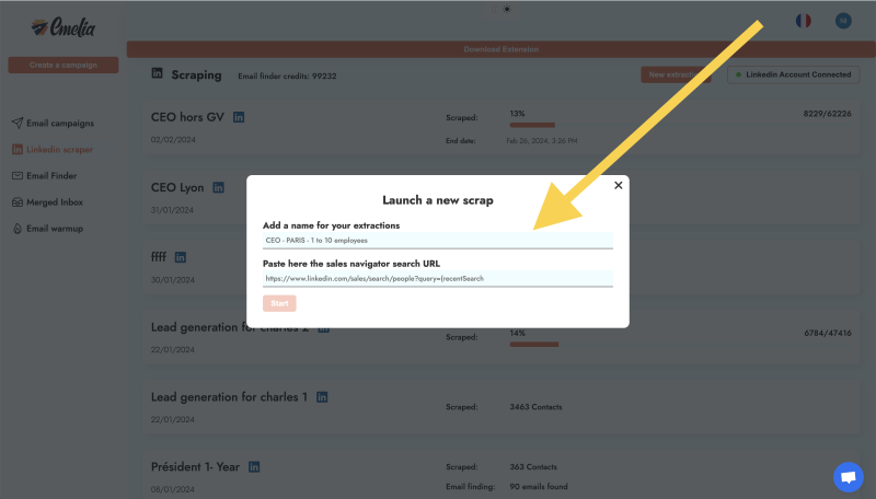 Screenshot of Emelia launching her Linkedin scrape