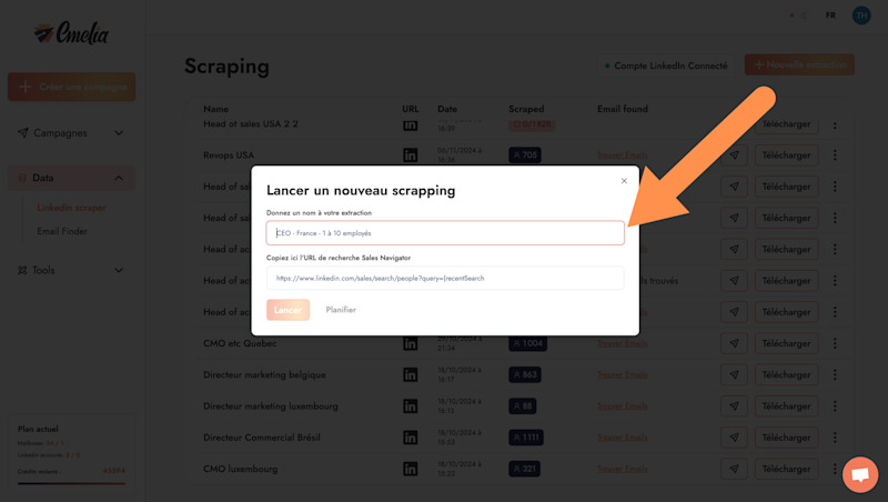 Capture d'écran d'Emelia pour lancer son scrape Linkedin