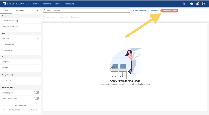 Screenshot of Linkedin with the Linkedin Sales Navigator scraper extension