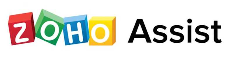 Chaque lettre de ZOHO ecrite dans un cube de couleur(vert, rouge, bleu et jaune) et a cote Assist ecris en noir le tout sur fond blanc