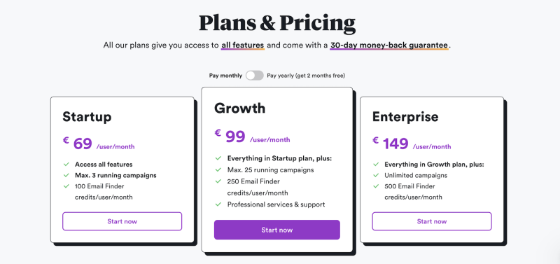 Capture d'écran du Pricing Overloop