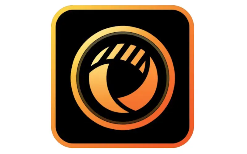 Round orange and black logo in a square