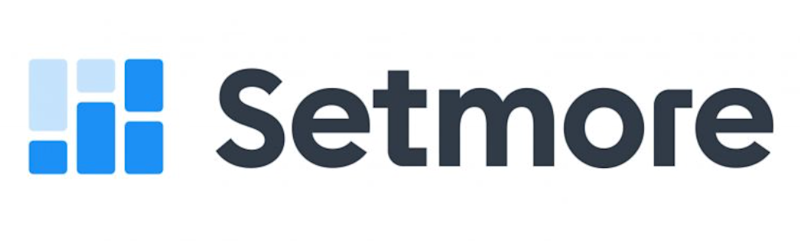 Setmore written in black on a white background with a square blue and light blue logo on the left side.