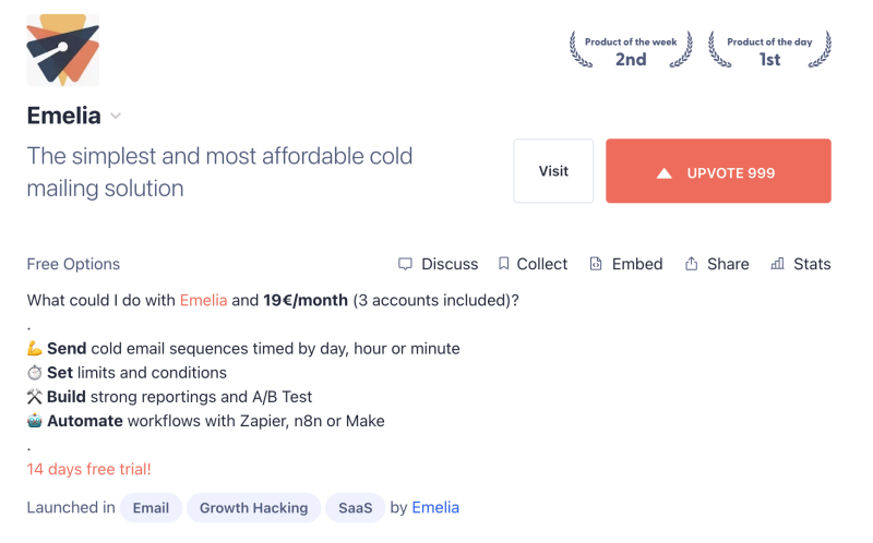 Badge Emelia sur Product Hunt