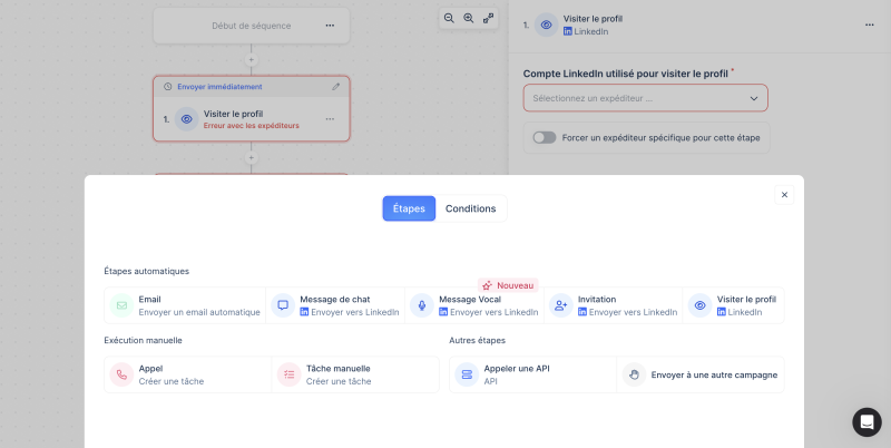 Creation campaign step with Lemlist tool