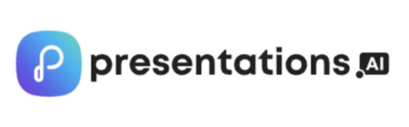 Presentation.ai written in black on a white background with a P in a purple and blue gradient square on the left side.