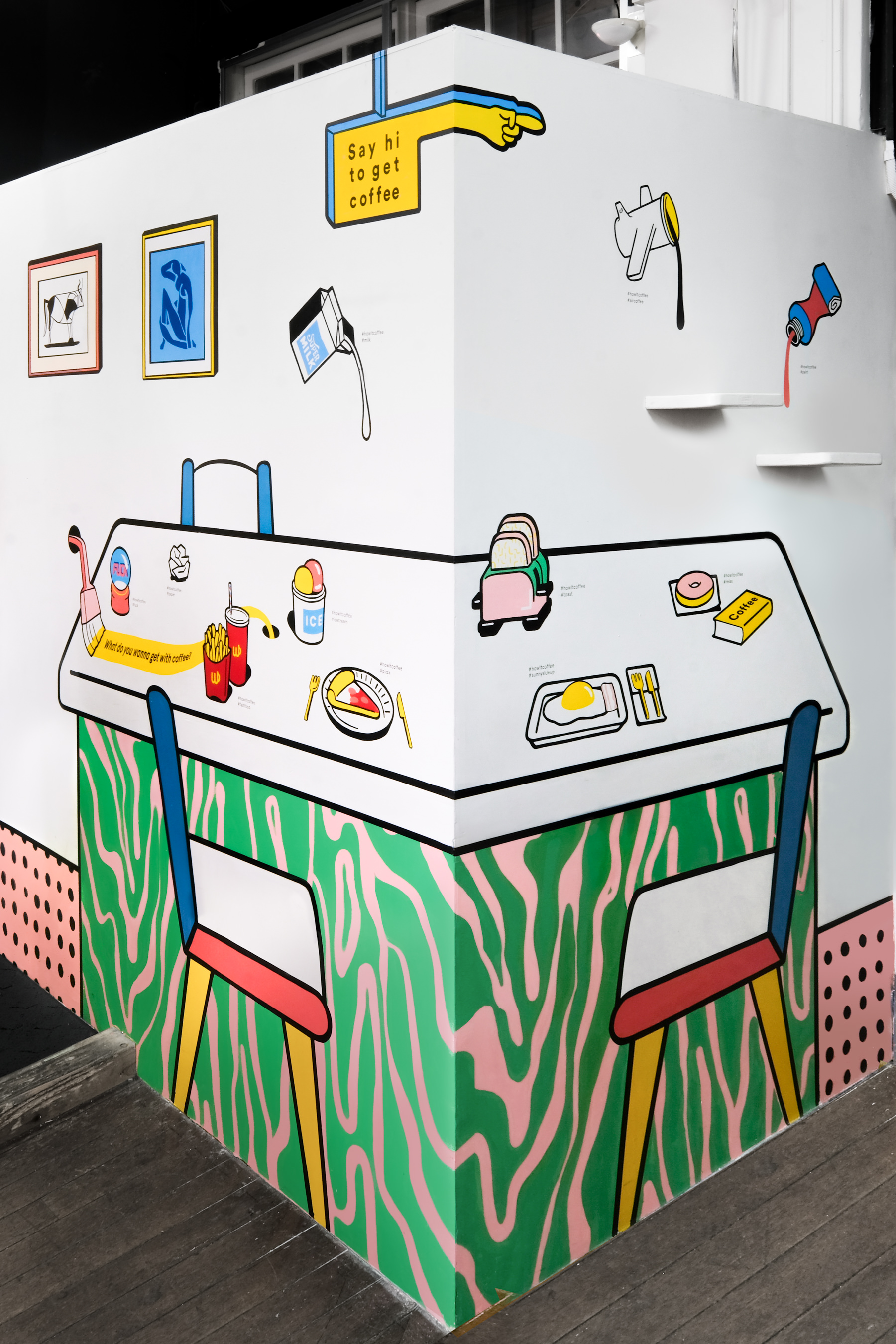 Artwork depicting food that goes well with coffee.