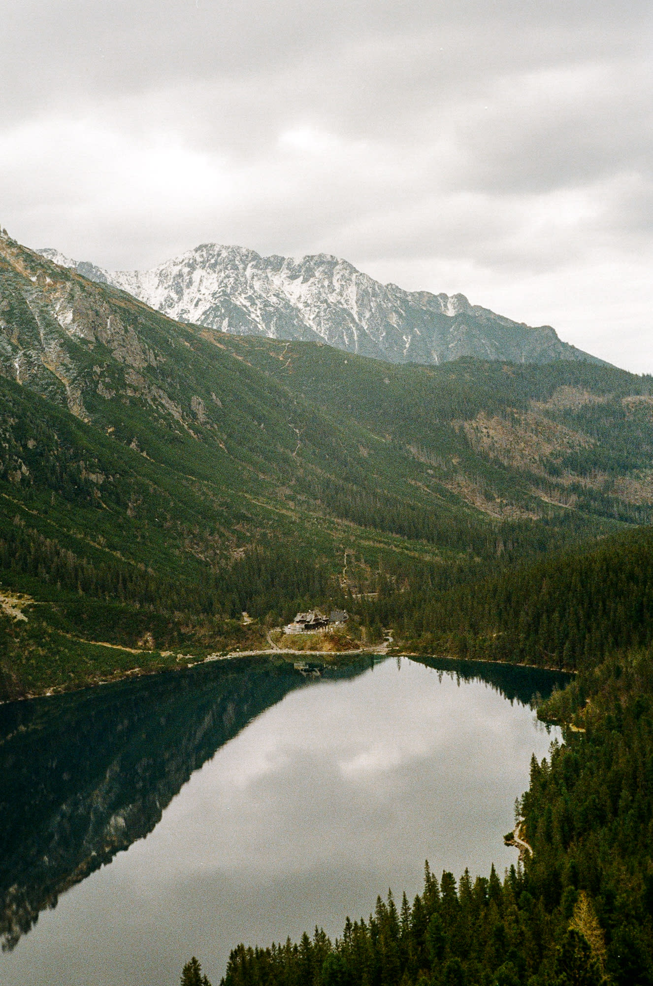 A view of Morskie Oko from a higher mountain close by.