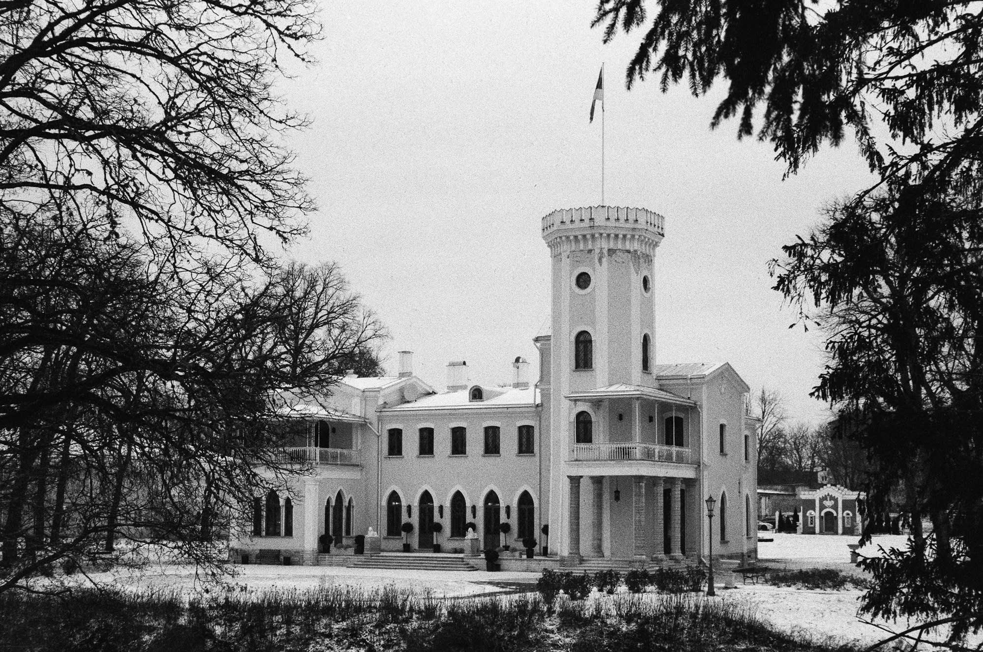 Palace from beneath the trees, the palace is covered in snow.
