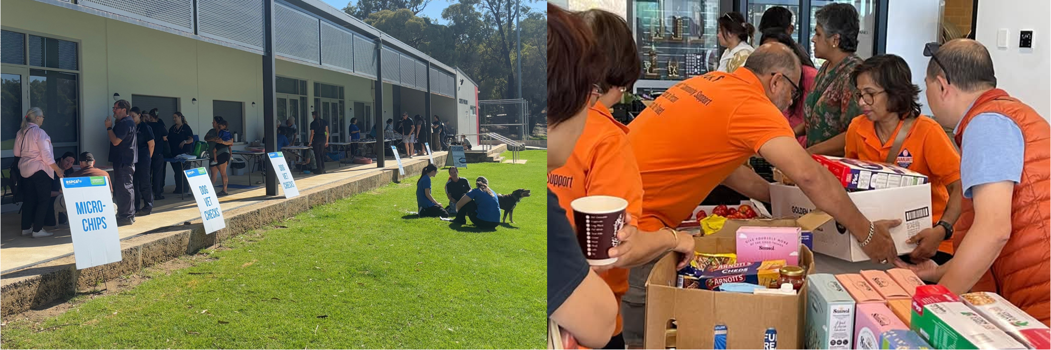 Two images of community grant recipients. One is the RSPCA community event and one is Amurt volunteers preparing food parcels.