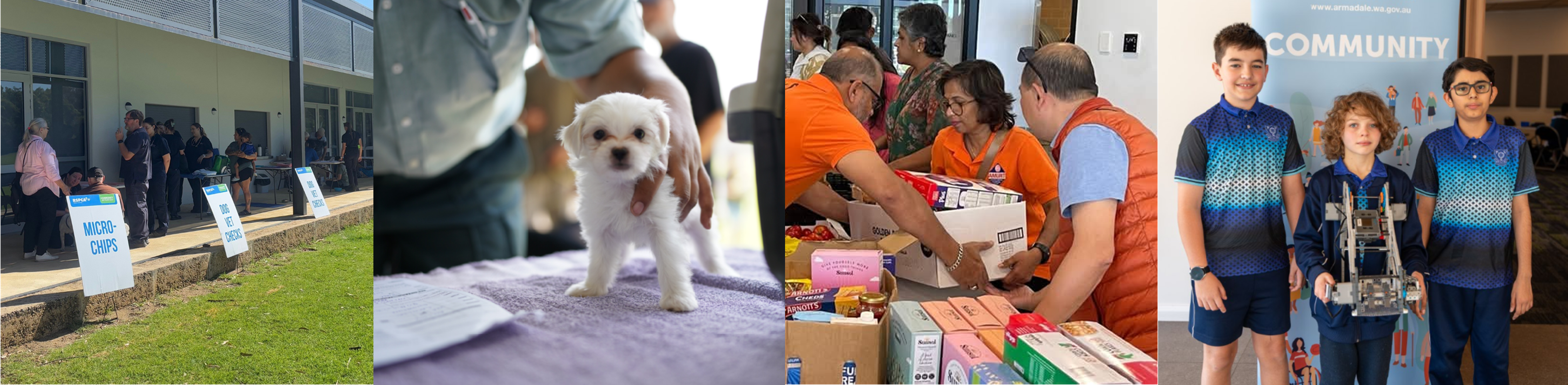 Four images of community grant recipients. One is the RSPCA community event, one is a dog at the RSPCA event, one is Amurt volunteers preparing food parcels and one is of three students at a robotics competition