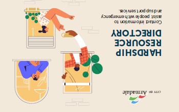 Hardship Resource Directory contact information to assist people with emergency and support services. Vector image of a person passing a tea cup to another person.