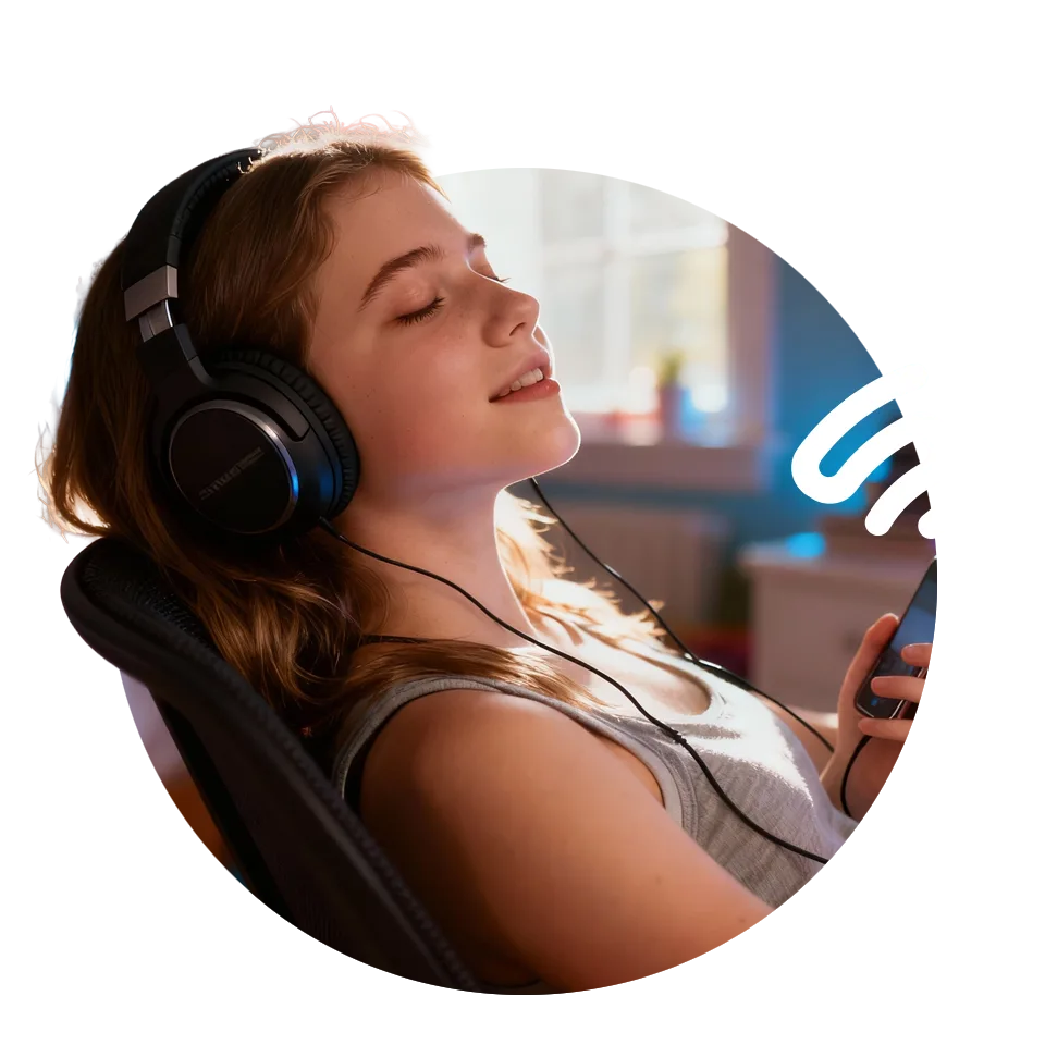 Eine junge Frau hört entspannt mit Kopfhörern ein Shelfie Audiobook auf ihrem Smartphone.