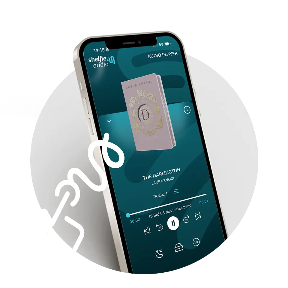 Ein Smartphone zeigt die „shelfie audio“-App beim Abspielen eines digitalen Hörbuch-Covers.