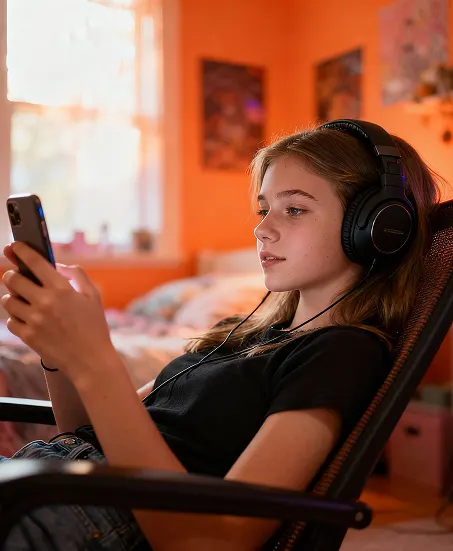 Ein junges Mädchen sitzt entspannt mit Kopfhörern in einem Sessel und bedient ihr Smartphone.