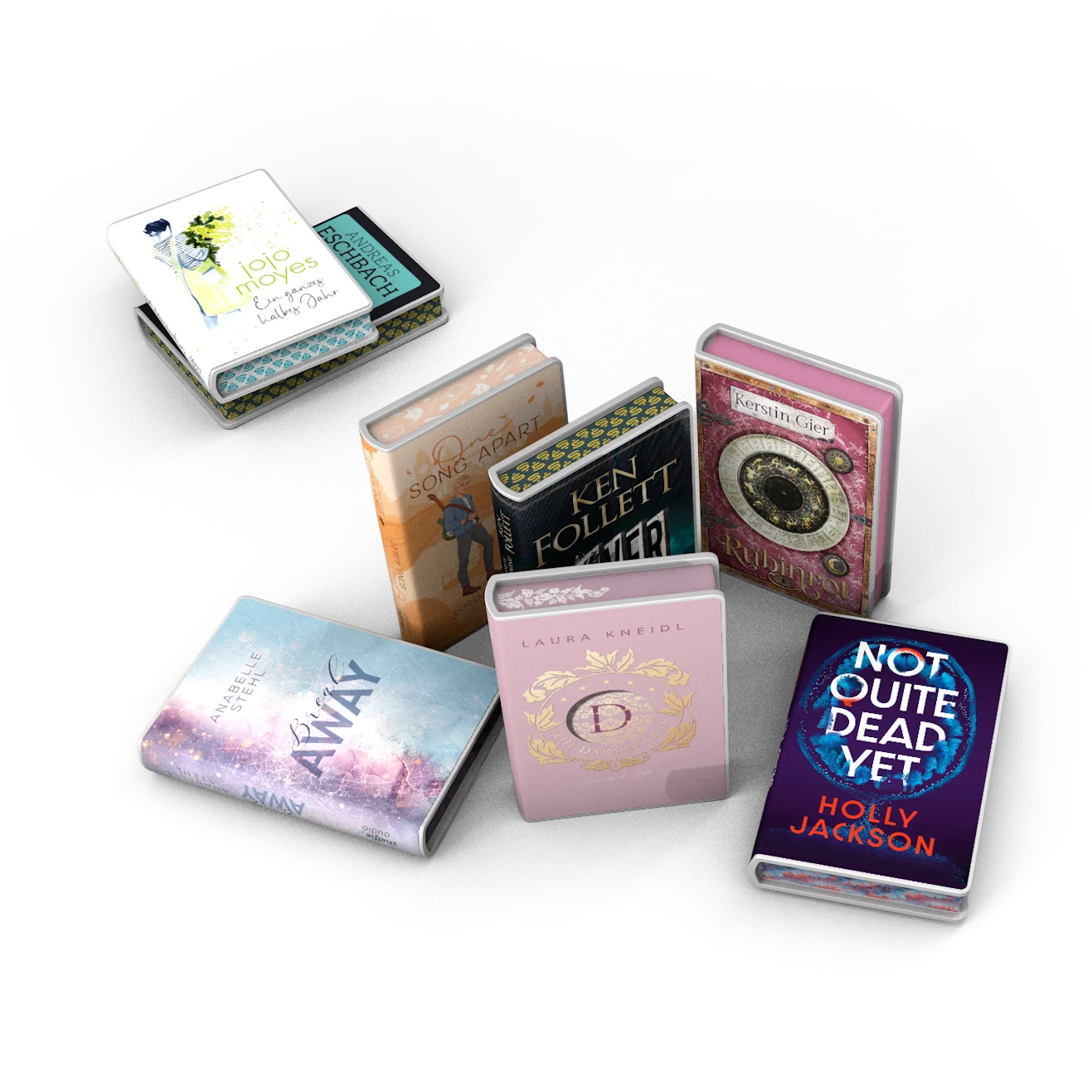 Eine Auswahl an farbenfrohen Shelfies mit unterschiedlichen Buchcovern auf weißem Grund.