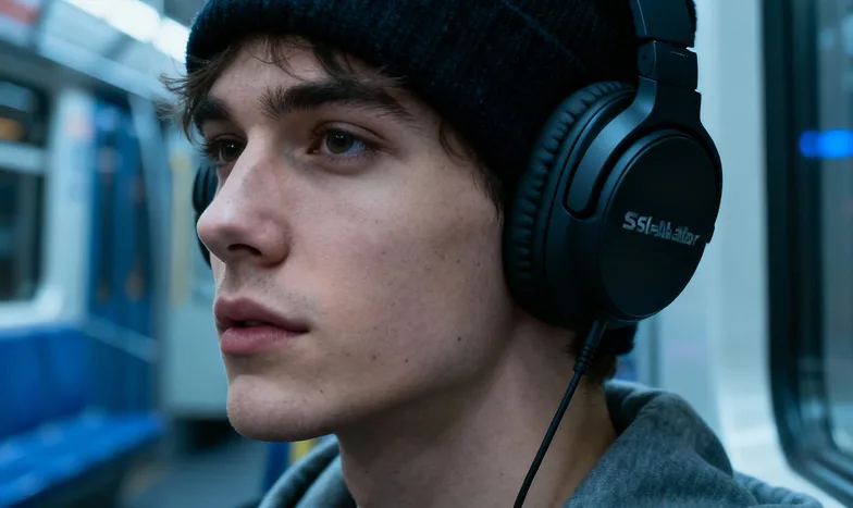 Ein junger Mann mit Mütze hört konzentriert ein Hörbuch über Over-Ear-Kopfhörer in einer U-Bahn.