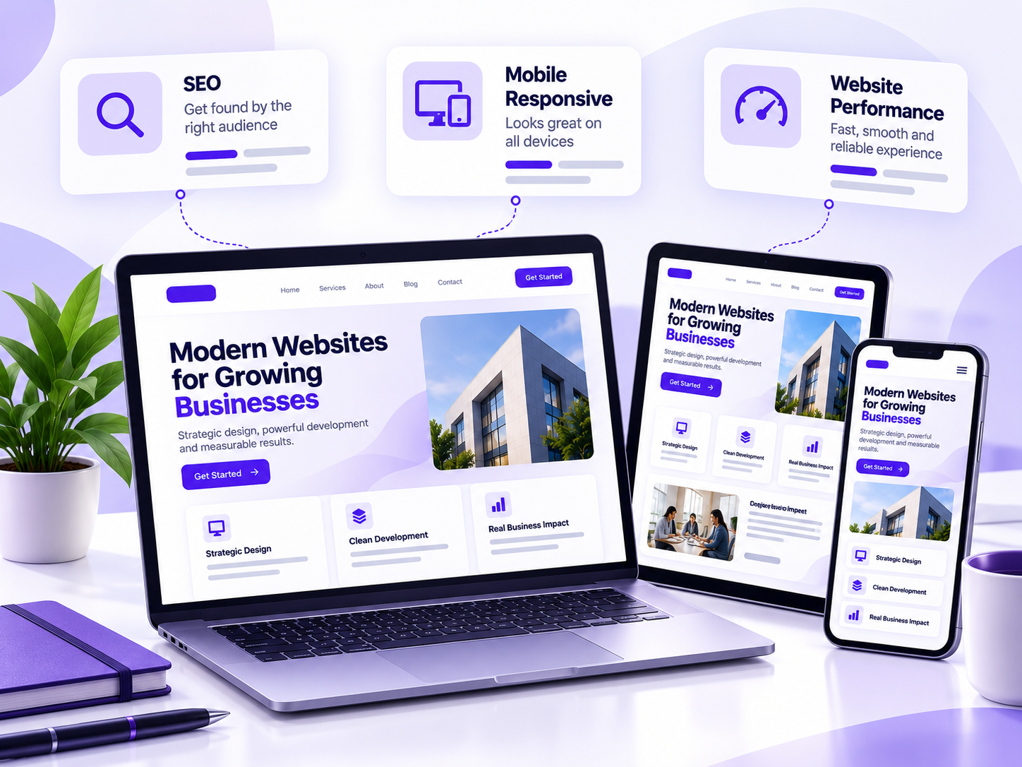 Website SEO, mobile responsiveness, and performance indicators