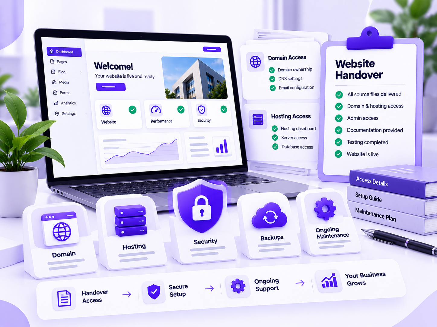 Website launch handover covering domain, hosting, and ongoing maintenance