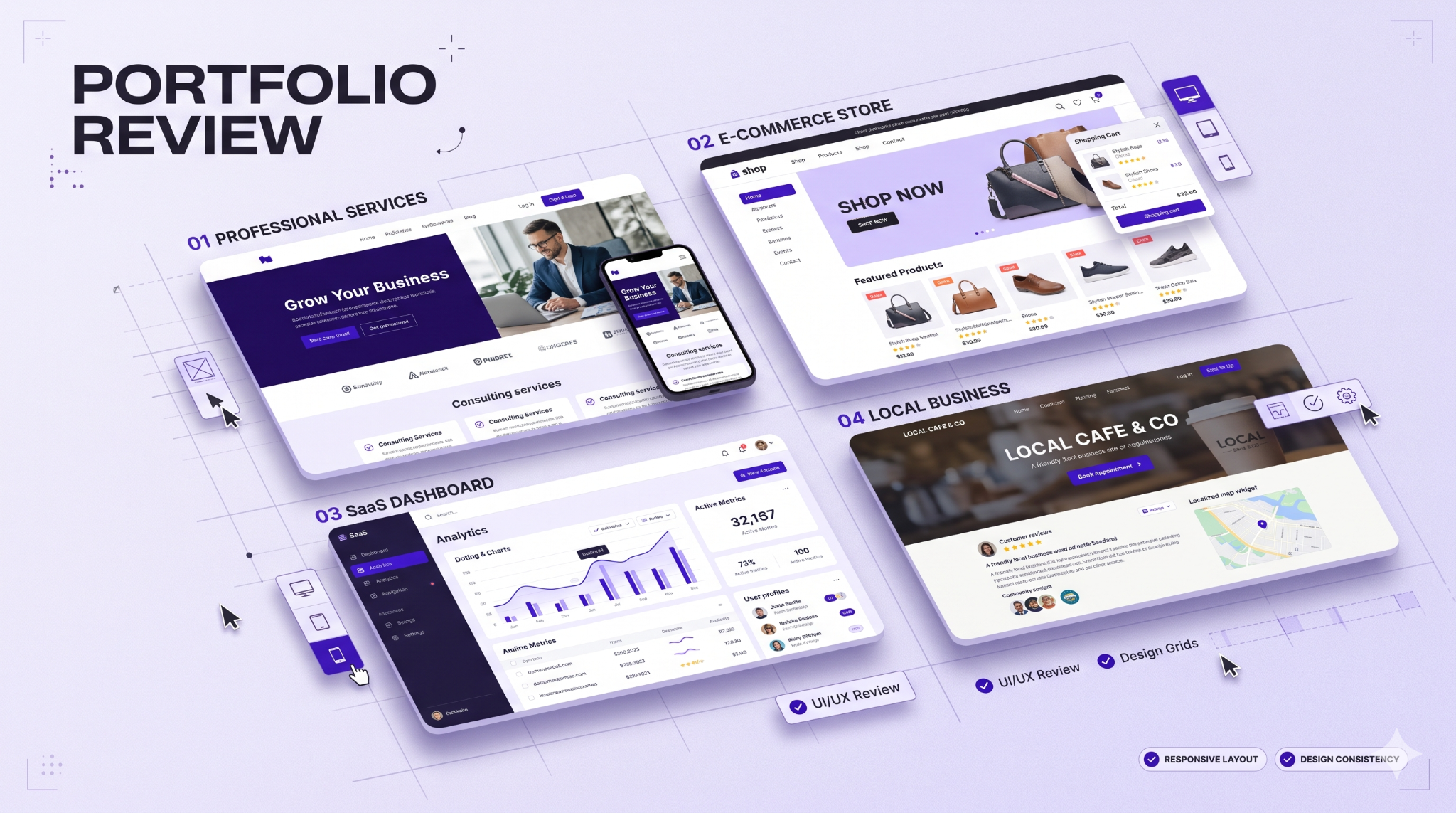 Website design company portfolio review showing website examples across devices