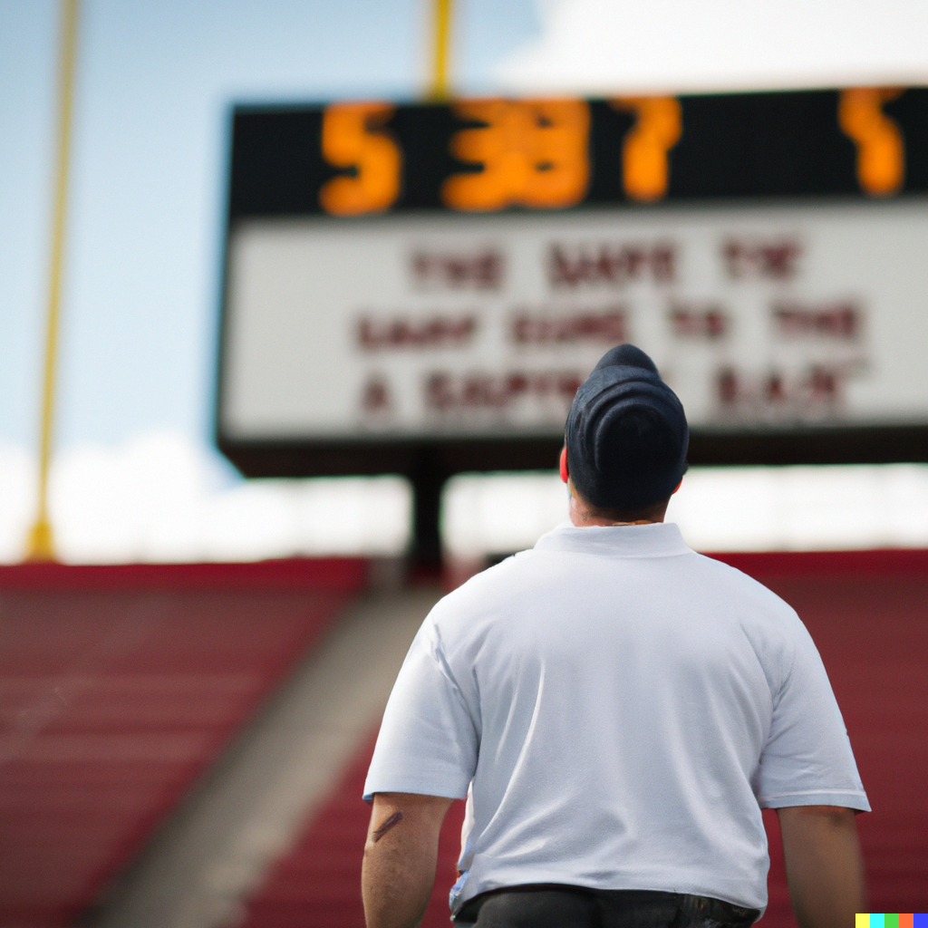 A man standing outside a football stadium looking toward the heavens with a speech bubble reading The Cost of Eternal Salvation Just Went Up On Game Day\!