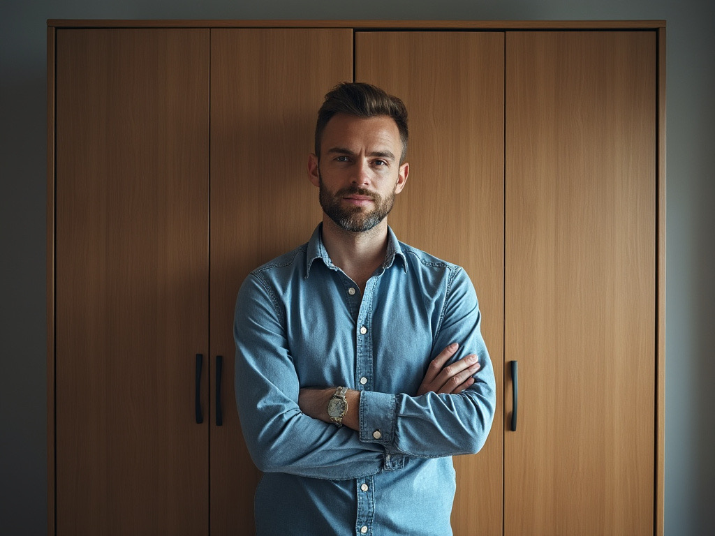 I generated an image with the prompt: 'professional studio lighting photo of a Swedish man standing in front of an IKEA wardrobe looking accomplished'.