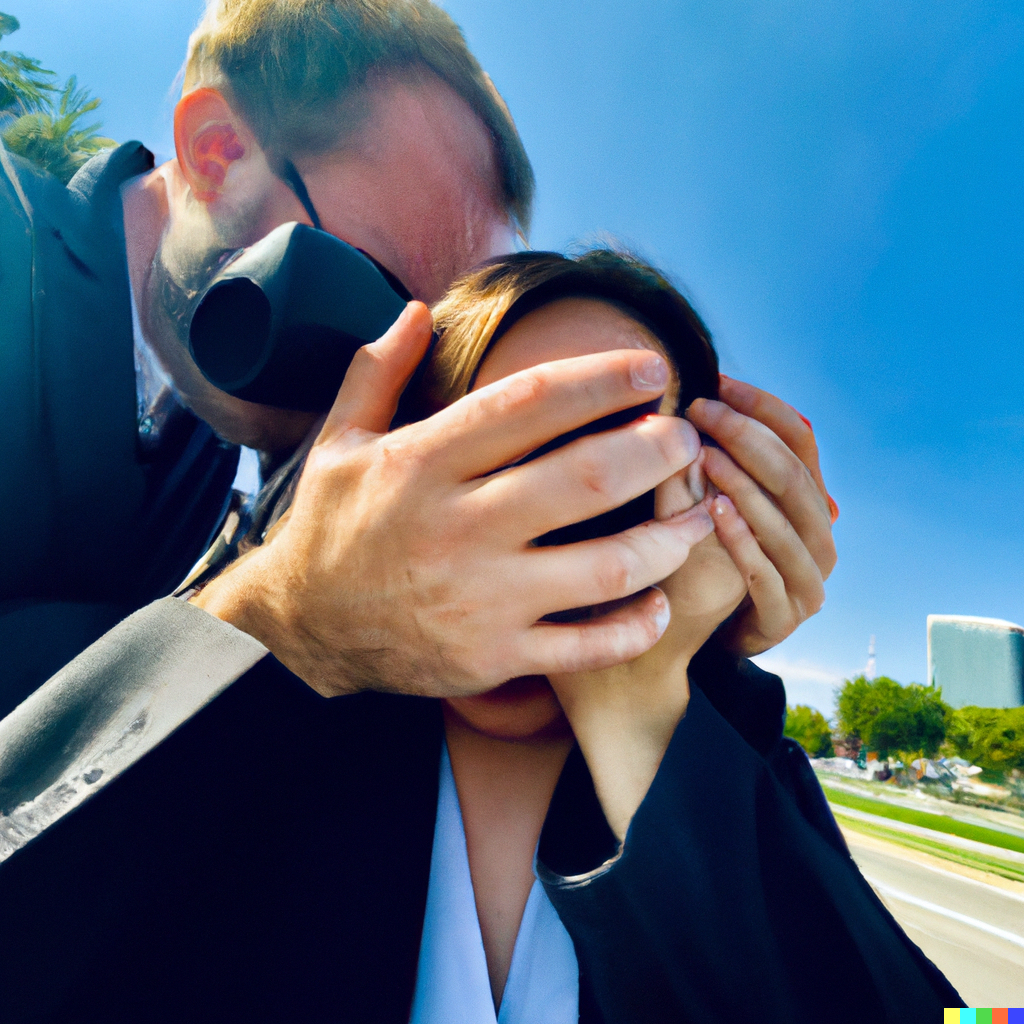 Reporters with their eyes covered and feeling a woman's face. 