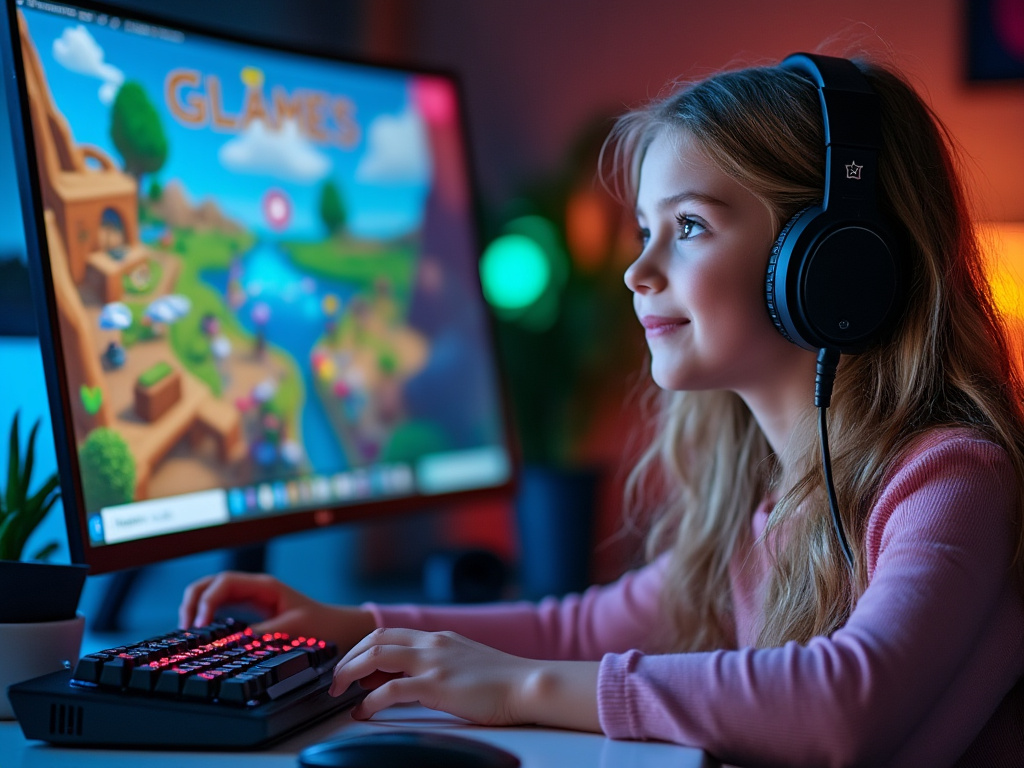 A young girl playing an online game on her computer.