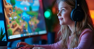 A young girl playing an online game on her computer.
