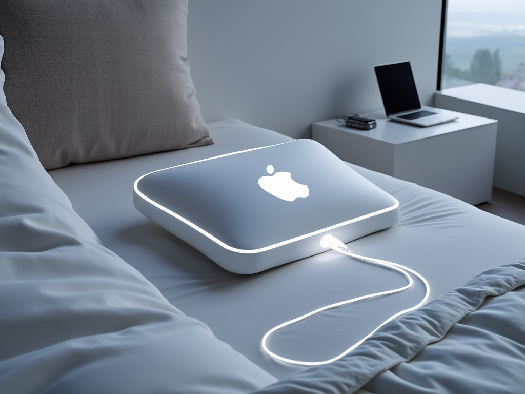 A sleek, futuristic pillow with a glowing Apple logo, connected to an iPhone by a glowing charging cable. The pillow is resting on a pristine white bed in an ultra-modern bedroom, with an Apple Watch and MacBook on the nightstand.