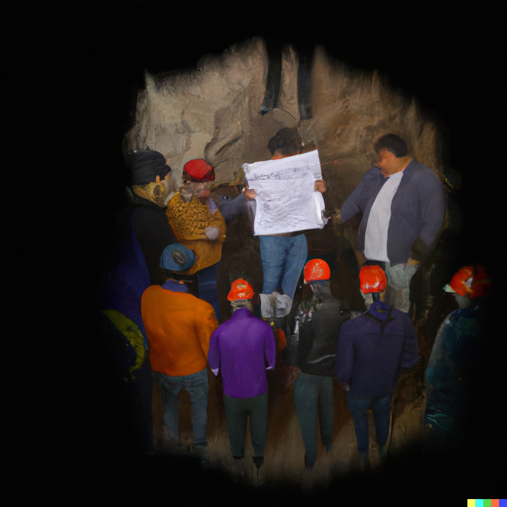 Miners underground with the headline 'Scientists Announce Plan To Just Have Miners Not Go In Mines' superimposed