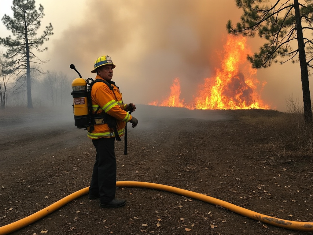 Andrew Cuomo standing near a wildland blaze with a fire hose