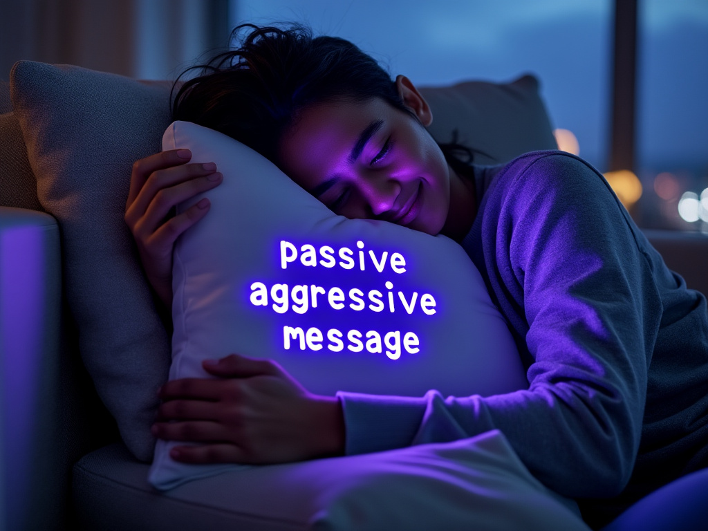 A techie hugging a pillow with a glowing LED screen displaying passive-aggressive messages.