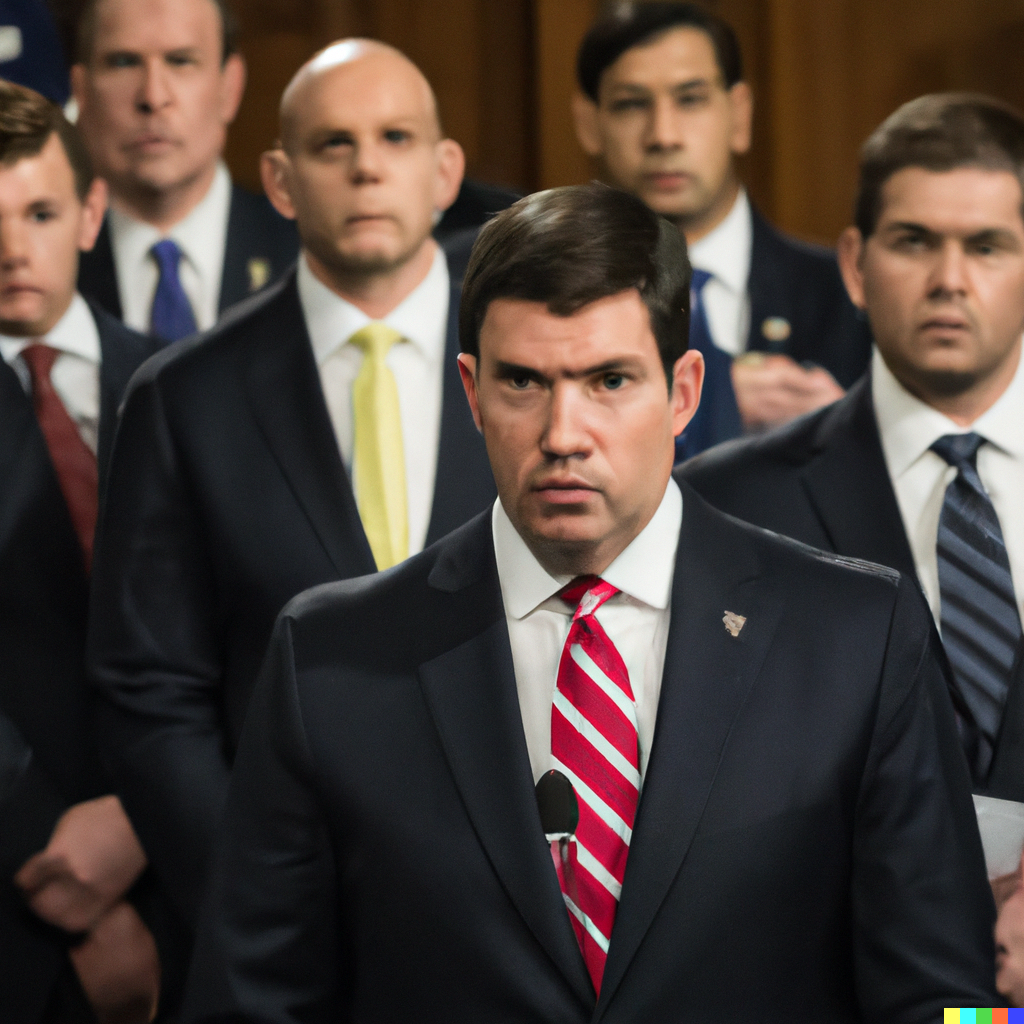 Members of House GOP glaring stoically at Homeland Security Secretary Alejandro Mayorkas as he stands ferociously at a Congressional podium during a meeting