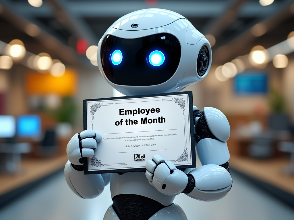 An AI robot proudly holding an 'Employee of the Month' certificate