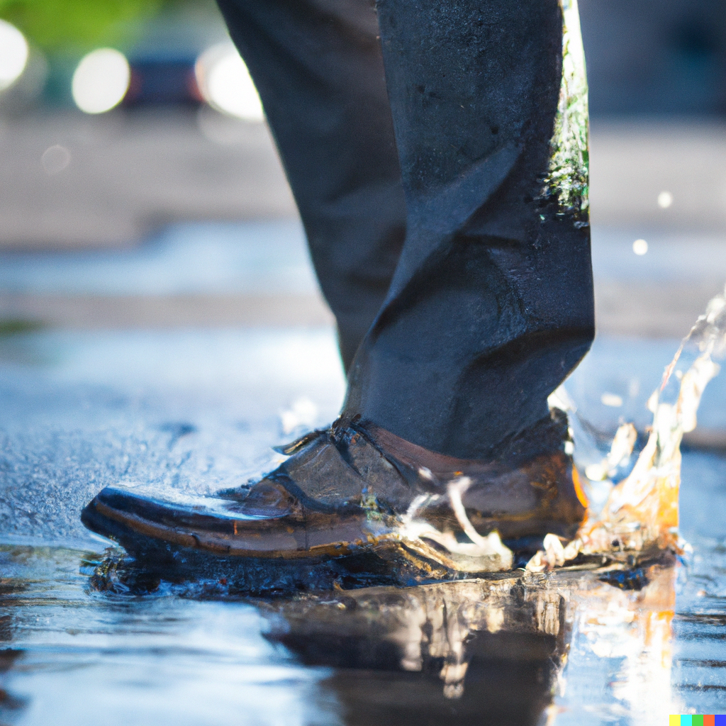 Man splashes in puddle wearing alligator dress shoes, confident in his style and foot protection